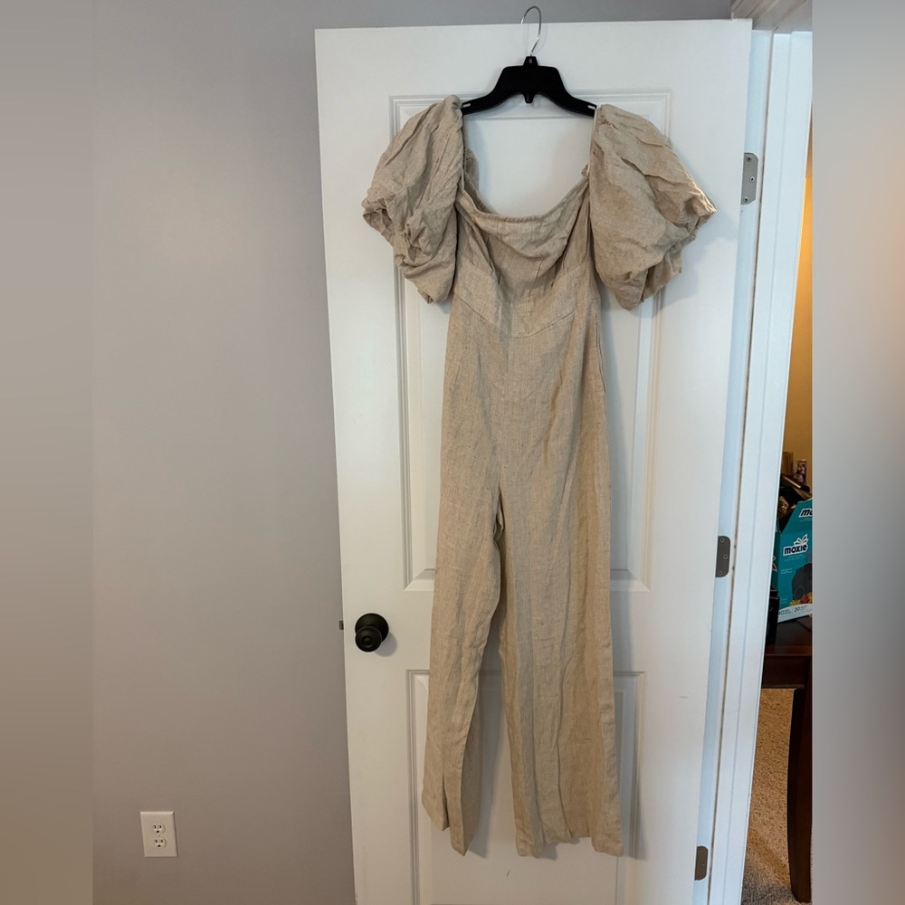 NWT Commense Linen blend puff sleeve khaki Off-Shoulder Jumpsuit XS - Picture 4 of 5